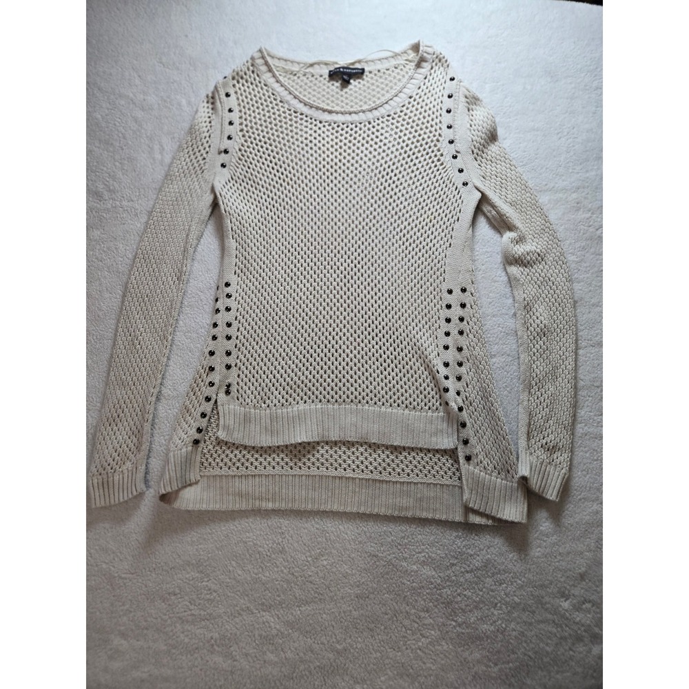 Rock & Republic Womens Cream Open Knit Studded High Low Cotton Sweater Medium